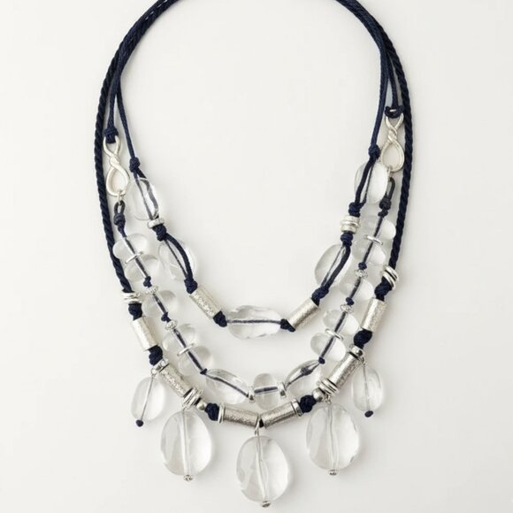 Chicos three strand choker necklace acrylic plastic bead blue cord silver thread - Picture 1 of 6